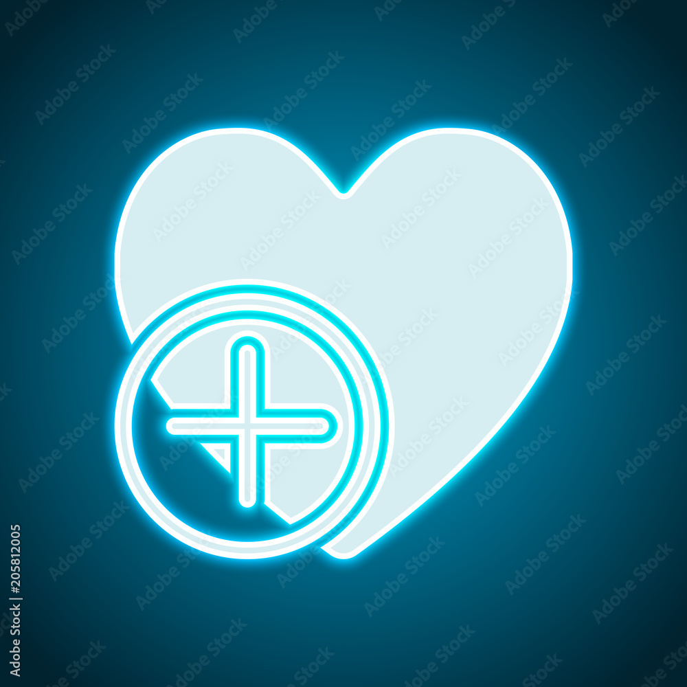 heart and plus. simple silhouette. Neon style. Light decoration icon. Bright electric symbol heart and plus. simple silhouette. Neon style. Light decoration icon. Bright electric symbol