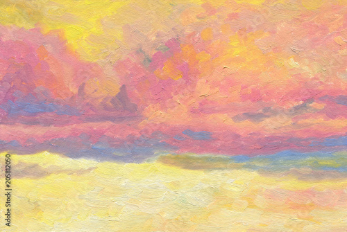 Hand drawn artistic background. Colorful air clouds lit by the sun at sunset. Oil painting.