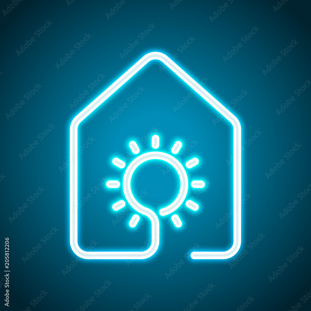 house with sun or light lamp icon. line style. Neon style. Light decoration icon. Bright electric symbol house with sun or light lamp icon. line style. Neon style. Light decoration icon. Bright electric symbol
