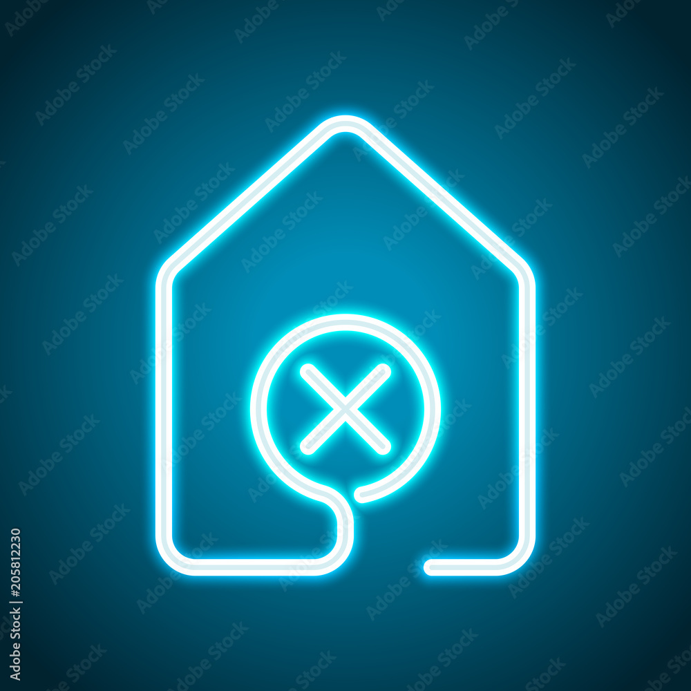 house with wrong mark icon. line style. Neon style. Light decoration icon. Bright electric symbol house with wrong mark icon. line style. Neon style. Light decoration icon. Bright electric symbol