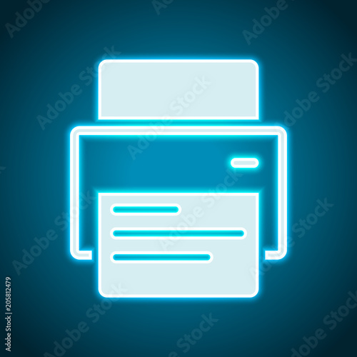 printer and paper. Neon style. Light decoration icon. Bright electric symbol