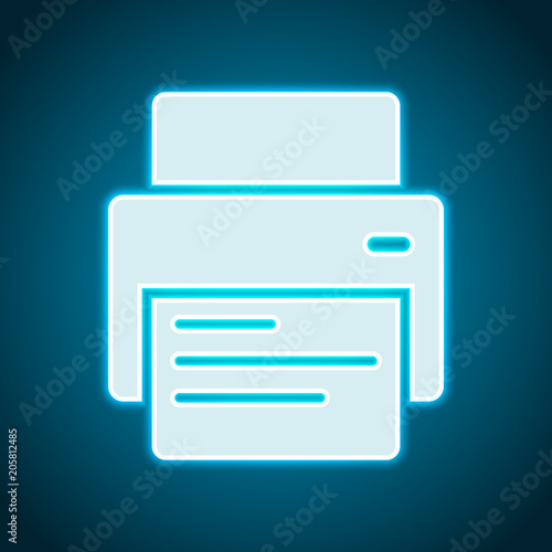printer and paper. Neon style. Light decoration icon. Bright electric symbol