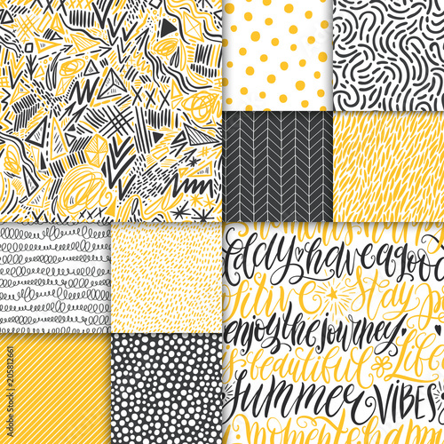 Abstract hand drawn geometric simple minimalistic seamless patterns set. Hand lettering, polka dot, stripes, waves, random symbols textures. Bright colorful vector illustration