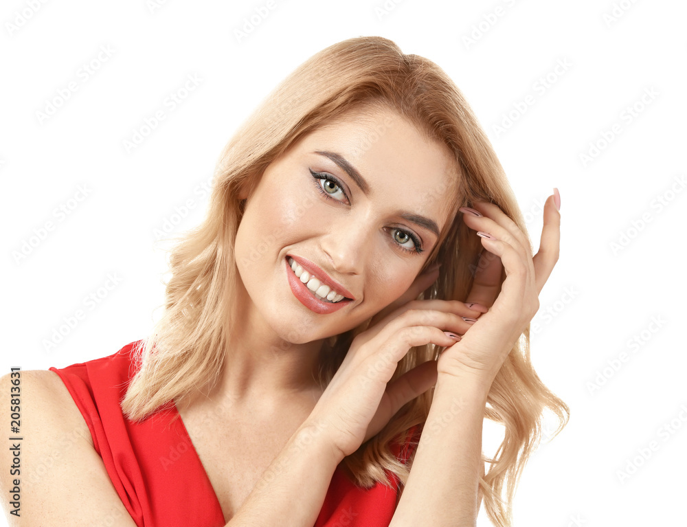 Young beautiful smiling woman on white background Young beautiful smiling woman on white background