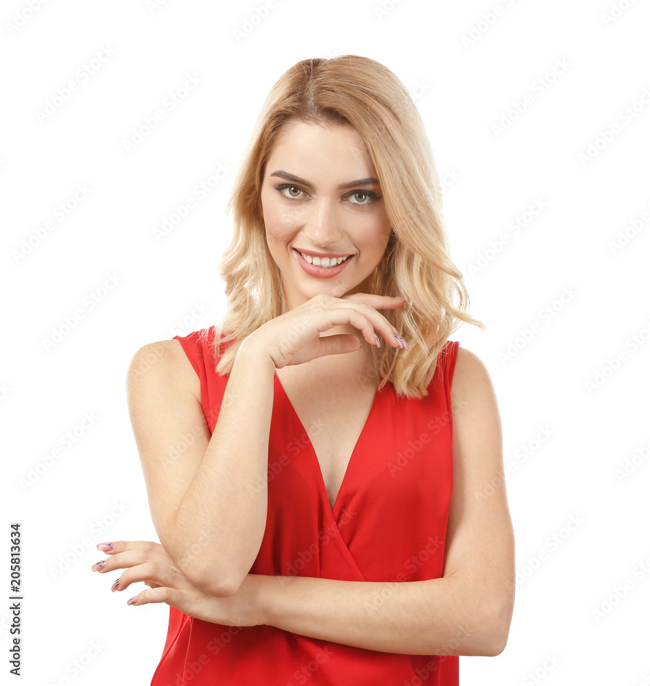 Fototapeta premium Young beautiful smiling woman on white background