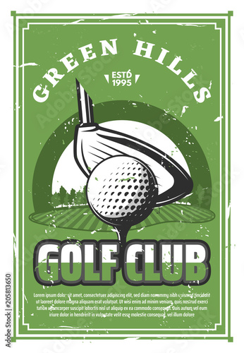 Golf sport club vintage banner with ball on tee