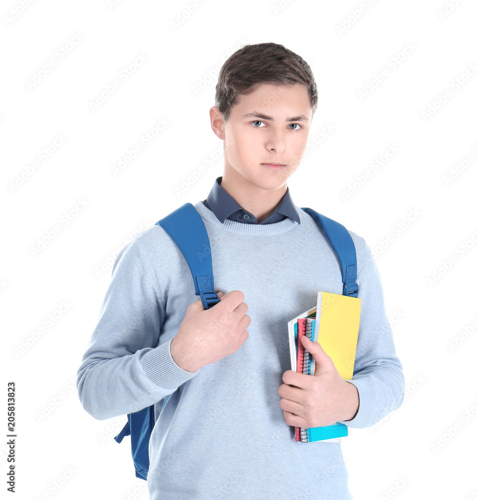 Stylish teenager with backpack and books against white background Stylish teenager with backpack and books against white background