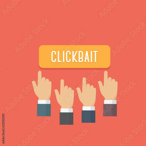 People hands press clickbait button. Sharing site and social media bait content