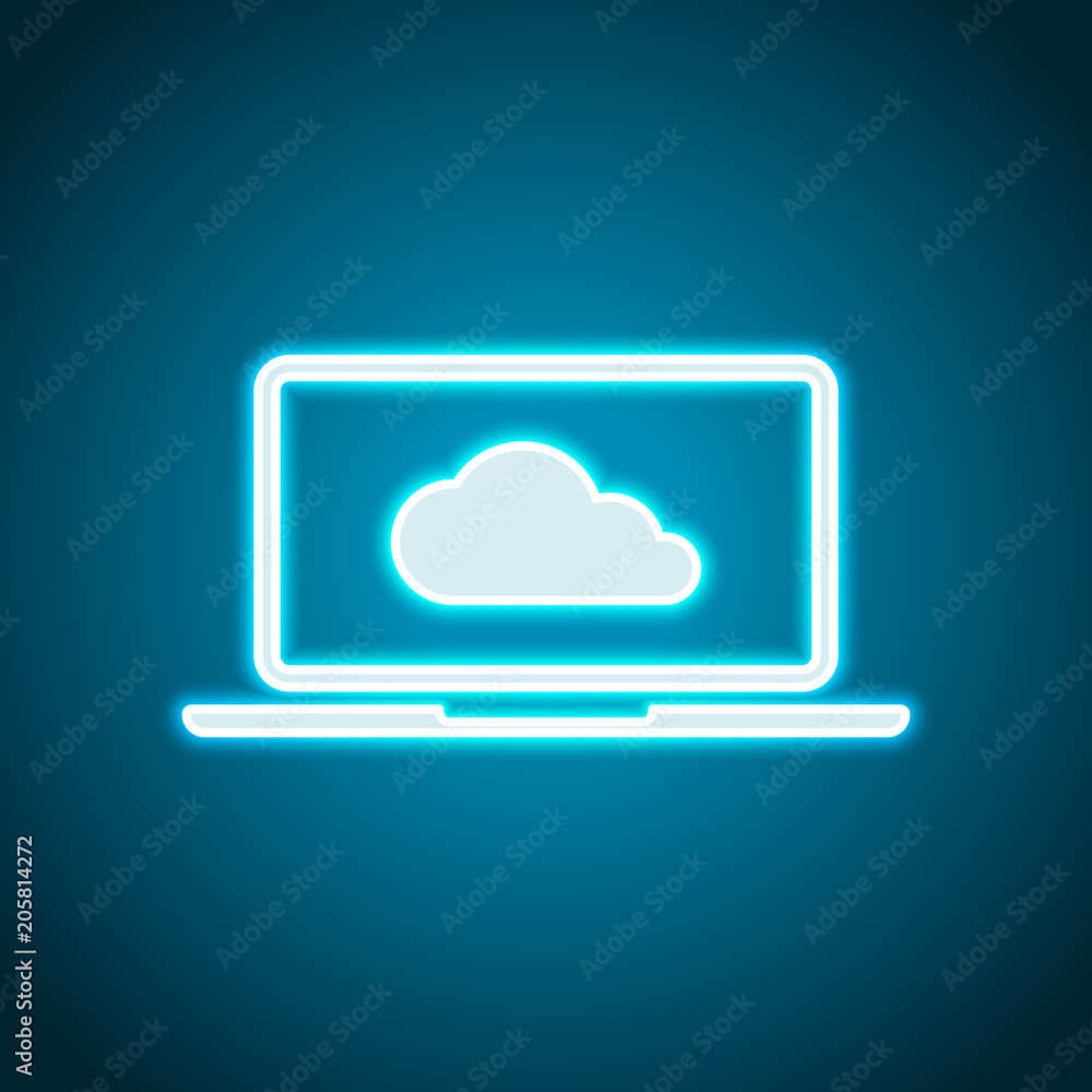 Cloud technology, software. Laptop and cloud. Neon style. Light decoration icon. Bright electric symbol Cloud technology, software. Laptop and cloud. Neon style. Light decoration icon. Bright electric symbol