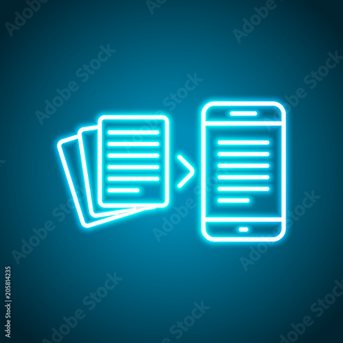 Convert to electronic document. Neon style. Light decoration icon. Bright electric symbol