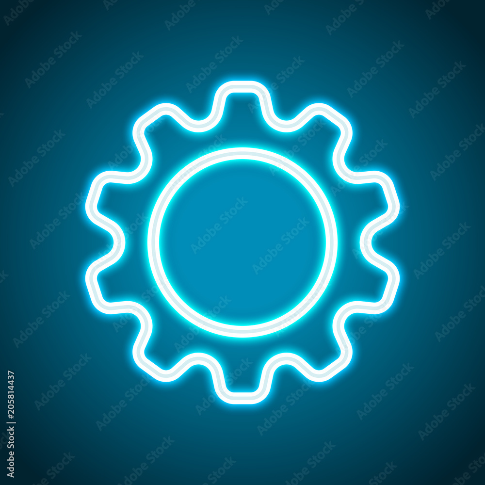 Simple gear symbol, Linear icon with thin outline. Neon style. Light decoration icon. Bright electric symbol Simple gear symbol, Linear icon with thin outline. Neon style. Light decoration icon. Bright electric symbol