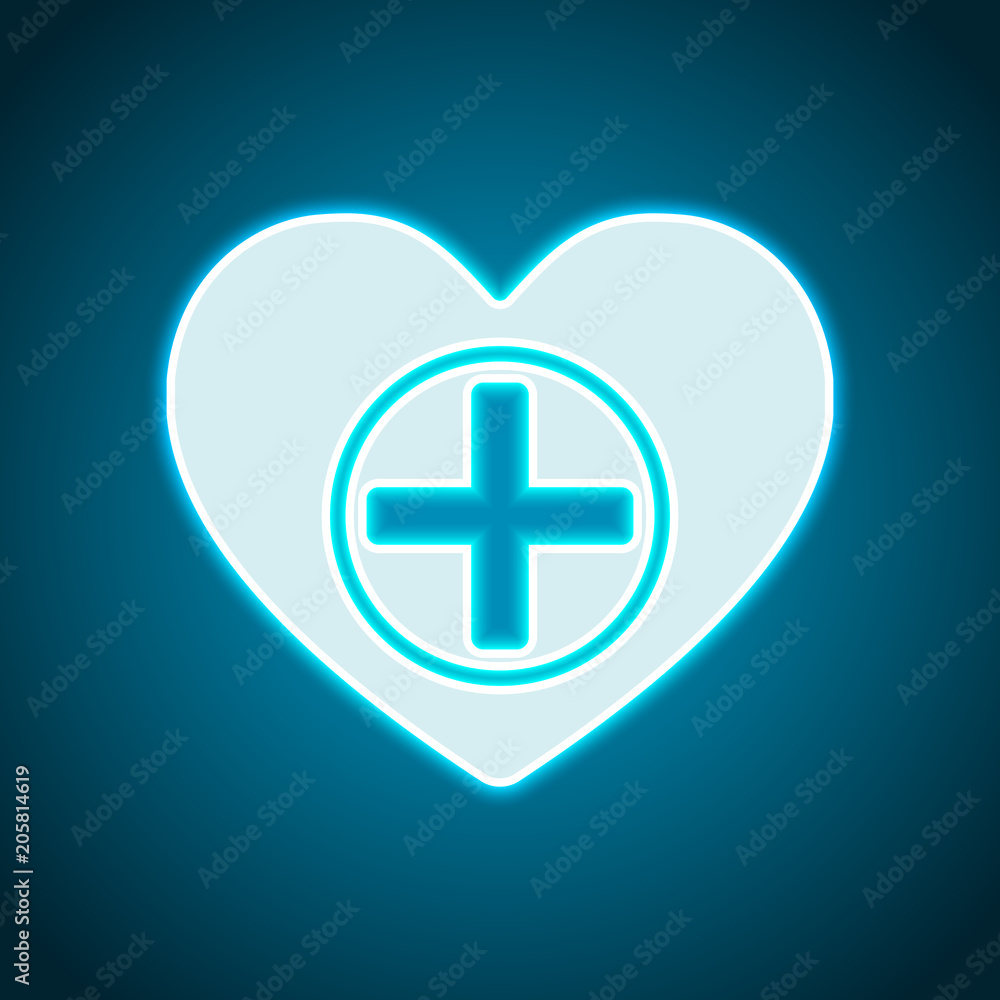 Heart and medical cross. Simple icon. Neon style. Light decoration icon. Bright electric symbol Heart and medical cross. Simple icon. Neon style. Light decoration icon. Bright electric symbol