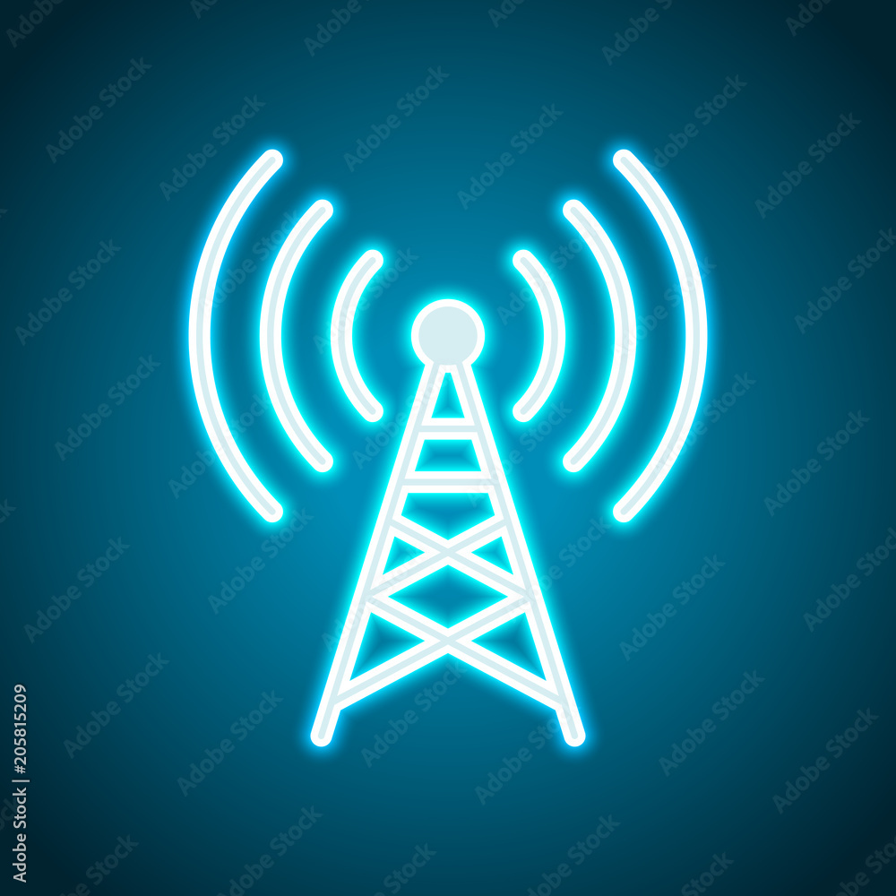 Radio tower icon. Linear style. Neon style. Light decoration icon. Bright electric symbol Radio tower icon. Linear style. Neon style. Light decoration icon. Bright electric symbol