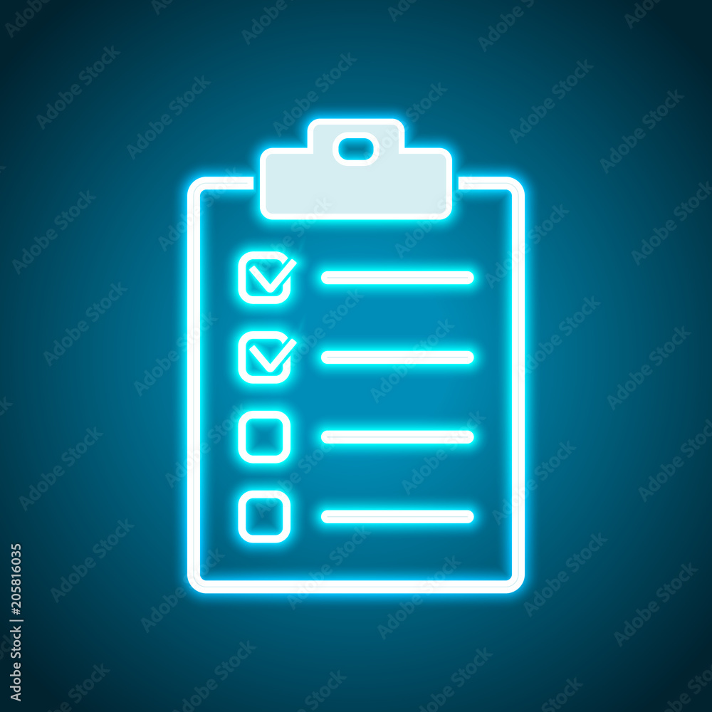 Checklist icon. Neon style. Light decoration icon. Bright electr Checklist icon. Neon style. Light decoration icon. Bright electr