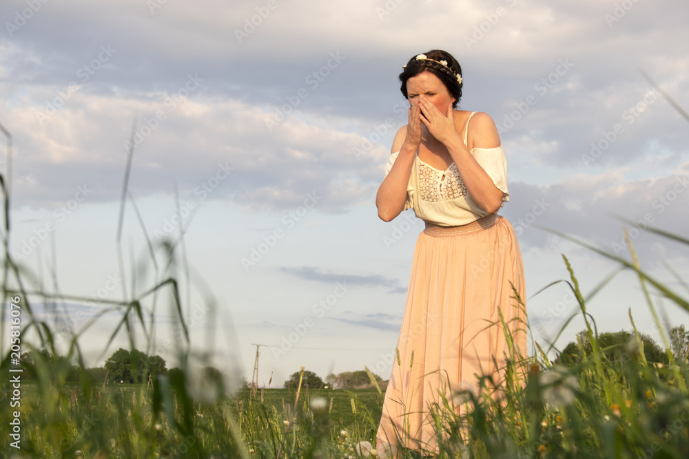 Allergic reactic on pollens on a field outside Allergic reactic on pollens on a field outside