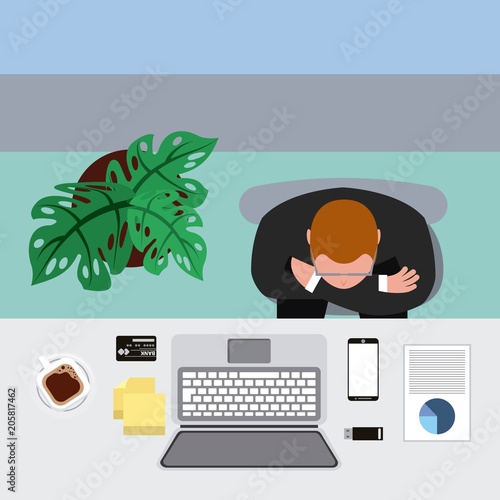 businessman folded arms in workspace with desk view from above vector illustration