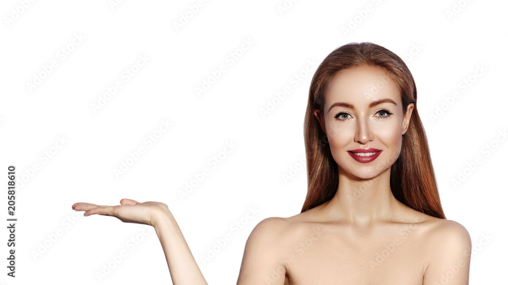 Beautiful Woman Showing Product. Girl with Fashion Makeup pointing to the side. Presenting your Beauty Product Beautiful Woman Showing Product. Girl with Fashion Makeup pointing to the side. Presenting your Beauty Product