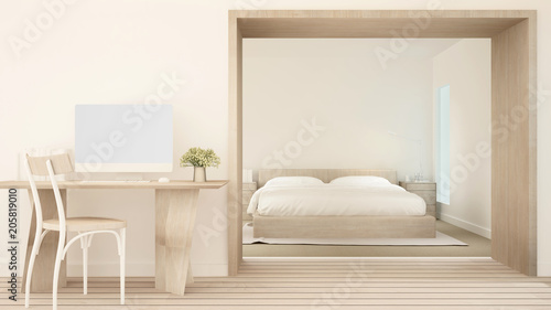 Bedroom and living area in hotel or condominium ,Interior simple design - Bedroom and workplace in apartment or home - 3D Rendering