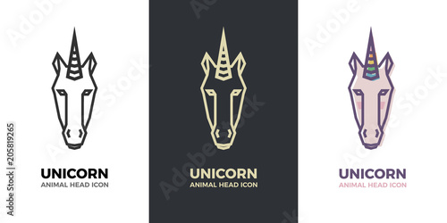 Stylized geometric Unicorn head illustration. Vector icon tribal icon. Colorful rainbow horn