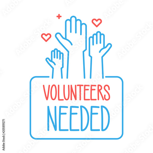 Volunteers needed banner design. Vector illustration for charity, volunteer work, community assistance. Crowd of people ready and available to help and contribute with hands raised. Positive business