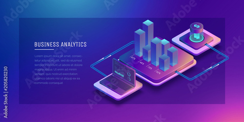 Digital technologies in business. Digital system analysis of business. Business growth graph. Online wallet. Electronic payment systems. Digital money transfers.Conceptual Isometric illustration.