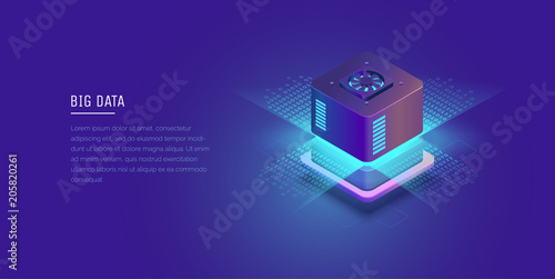 Server. Digital space. Data storage. Data center. Big Date. Conceptual illustration, data flow. Isometric vector illustration. 3D