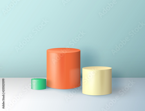 Minimal abstract colorful cylinder shape, wall scene. Platform, podium to advertise various objects. Vector illustration.