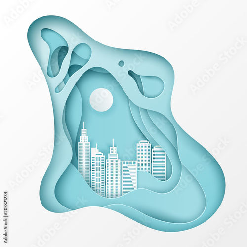 Modern paper art city view. White scycrapers, sun, waves. Trendy origamy paper cut style in pastel colors. Isolated on white photo