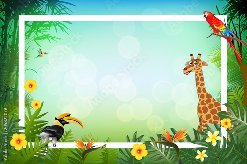 Bright tropical background with cartoon; jungle; animals;