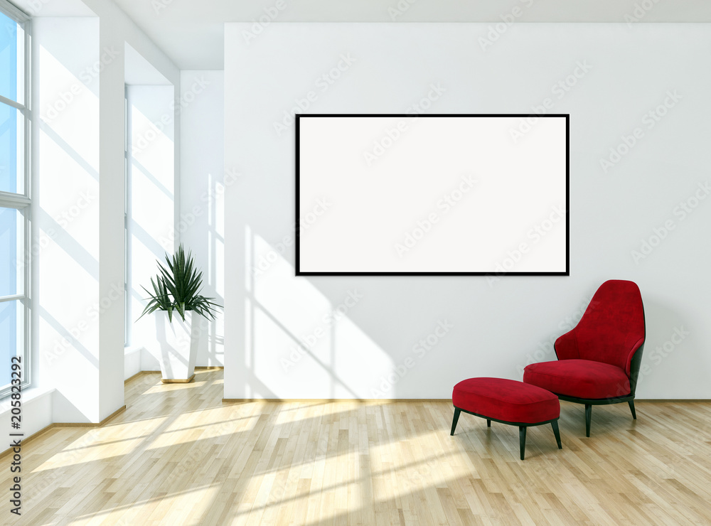 Modern bright interiors apartment with mockup poster frame 3D rendering illustration Modern bright interiors apartment with mockup poster frame 3D rendering illustration