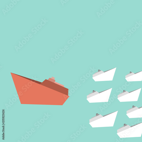 white ships and one big red ship changing direction, change management, disruption, disruptive, innovation, business, social distancing concept