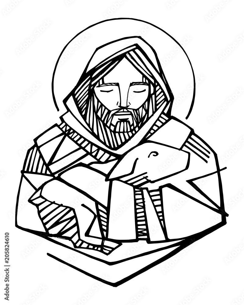 Jesus Christ Good Shepherd ink illustration Stock Vector | Adobe Stock