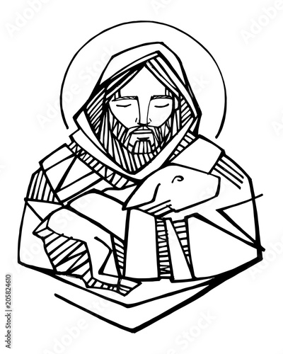 Jesus Christ Good Shepherd ink illustration