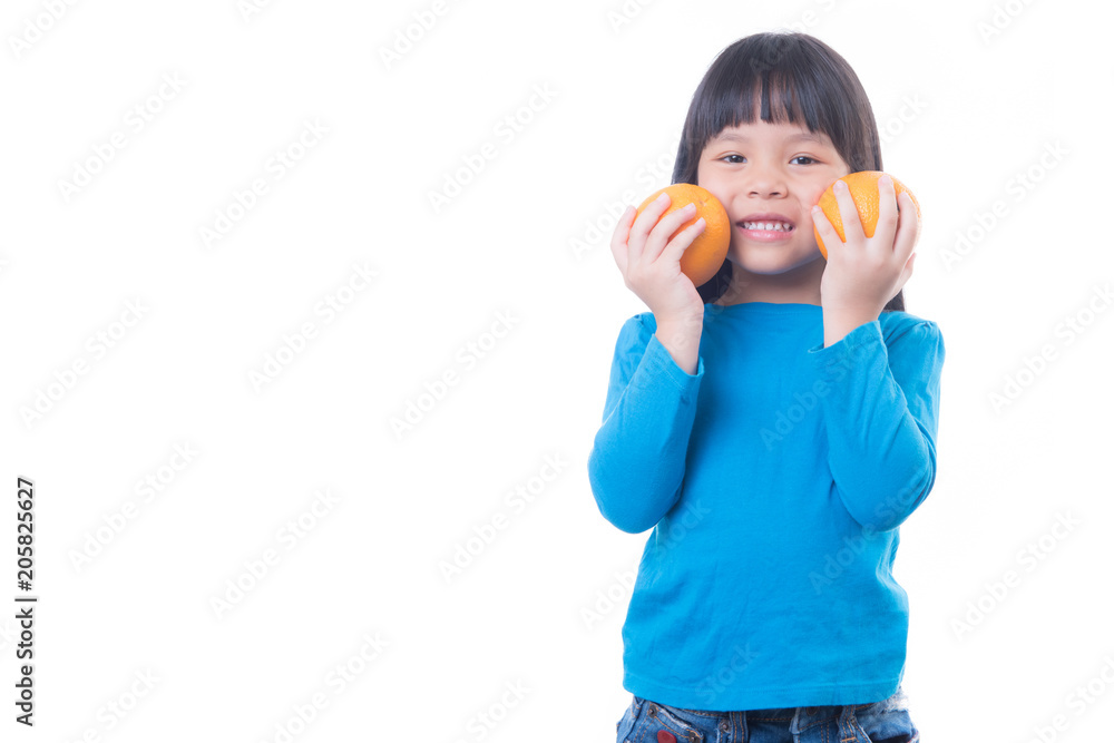 Little girl playing with fresh mandarin fruits Little girl playing with fresh mandarin fruits
