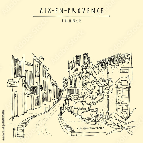 Street with antique houses in Aix-en-Provence, France, Europe. Vintage touristic postcard
