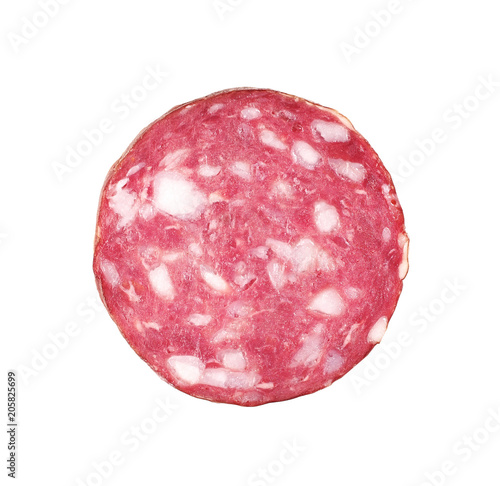 .Slices of salami. Isolated on a white background. sausage cut.
