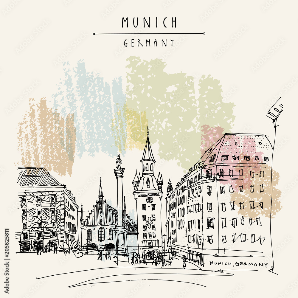 Naklejka premium Munich, Bavaria, Germany, Europe. Old Town Hall and Marian column at Marienplatz Square. Travel sketch. Vintage hand drawn postcard
