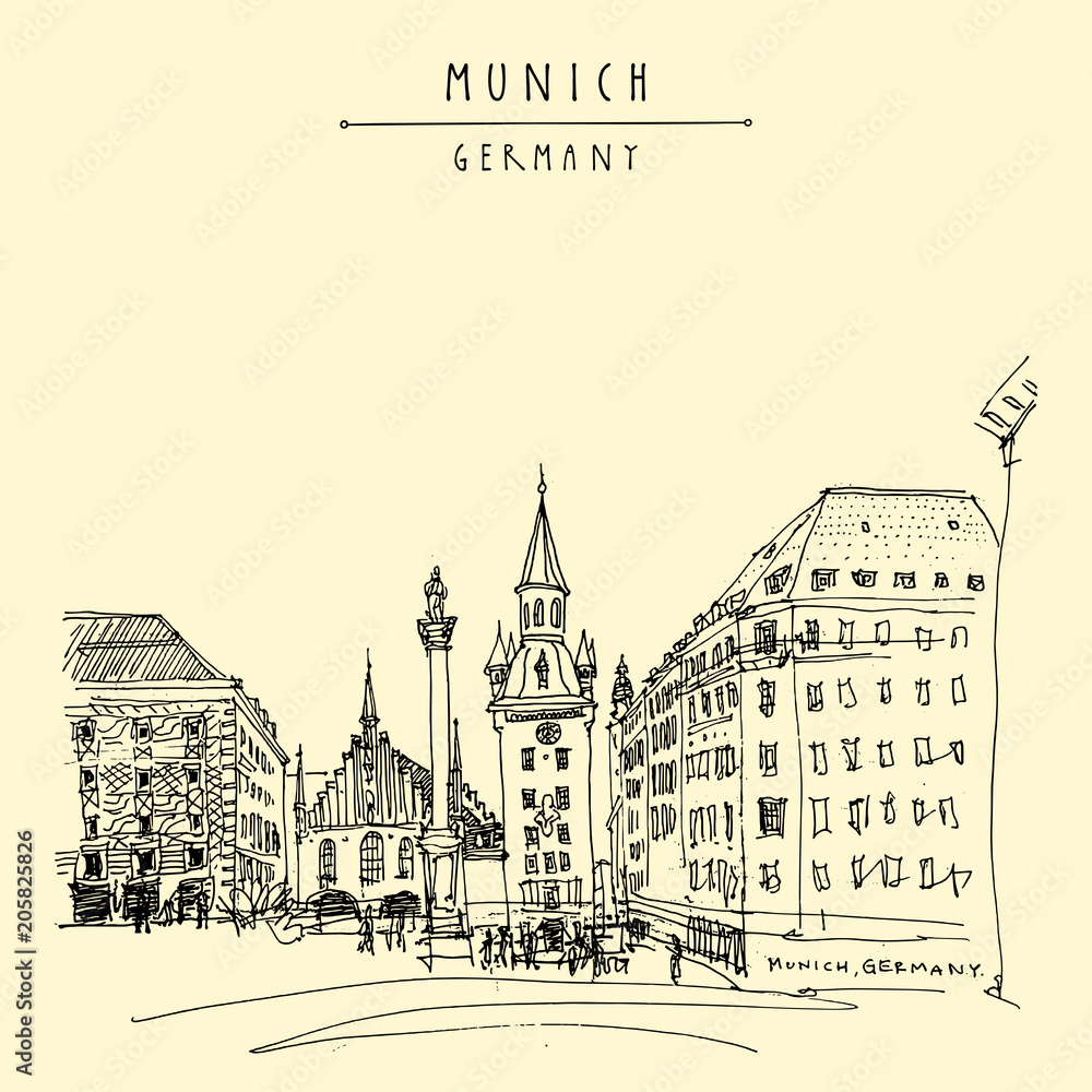 Munich, Bavaria, Germany, Europe. Old Town Hall and Marian column at Marienplatz Square. Travel sketch. Vintage hand drawn postcard