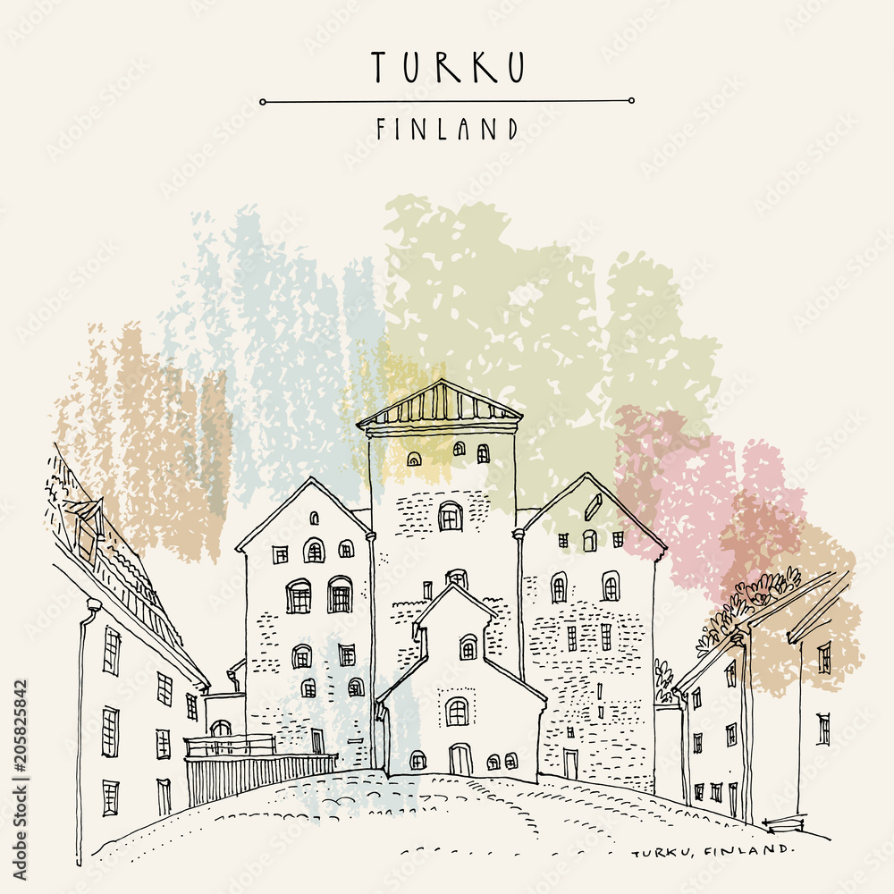 Turku Castle, Finland. Hand drawn vintage touristic postcard