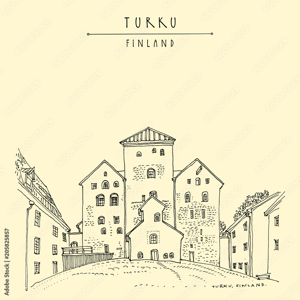 Turku Castle, Finland. Hand drawn vintage touristic postcard
