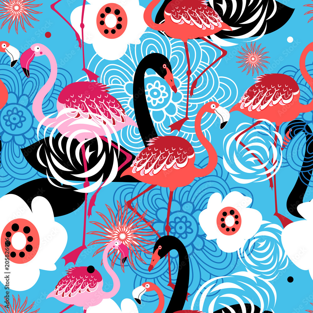 Naklejka premium Bright floral pattern of flamingos and swans