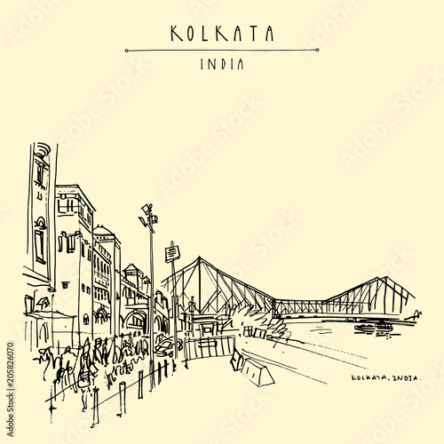 Kolkata, India. Howrah Junction Railway Station and Howrah Bridge. Hand drawn travel postcard