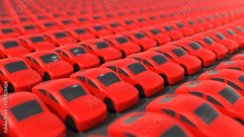Many identical red cars in lot 3D illustration