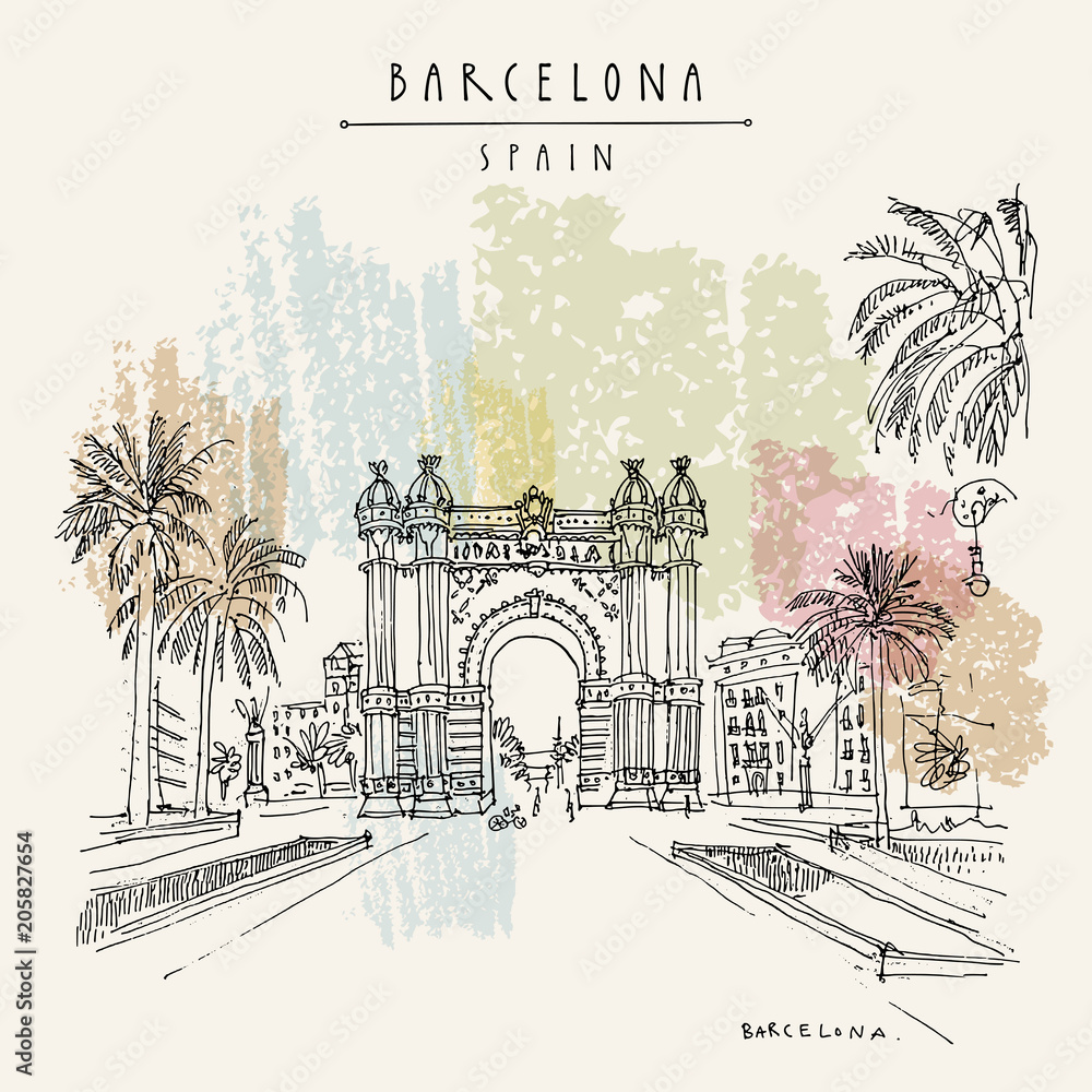 Obraz premium Barcelona, Catalonia, Spain. Arc de Triomf (Triumphal Arch). Hand drawn vintage touristic postcard