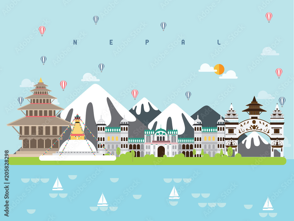 Nepal Famous Landmarks Infographic Templates for Traveling Minimal Style and Icon, Symbol Set Vector Illustration Can be use for Poster Travel book, Postcard, Billboard.