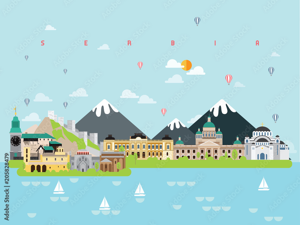 Serbia Famous Landmarks Infographic Templates for Traveling Minimal Style and Icon, Symbol Set Vector Illustration Can be use for Poster Travel book, Postcard, Billboard.