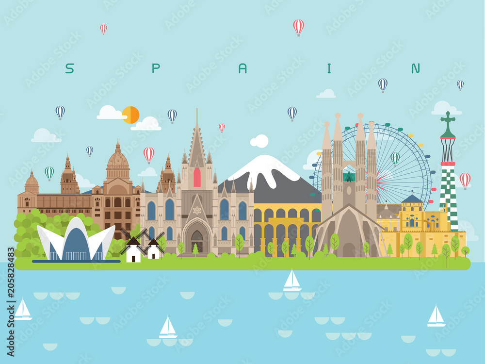 Spain Famous Landmarks Infographic Templates for Traveling Minimal Style and Icon, Symbol Set Vector Illustration Can be use for Poster Travel book, Postcard, Billboard