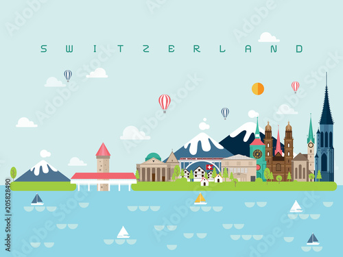 Switzerland Famous Landmarks Infographic Templates for Traveling Minimal Style and Icon, Symbol Set Vector Illustration Can be use for Poster Travel book, Postcard, Billboard photo