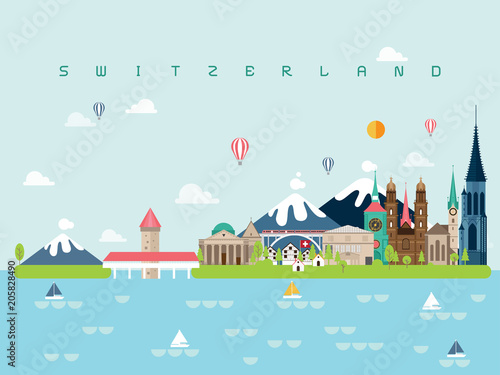 Switzerland Famous Landmarks Infographic Templates for Traveling Minimal Style and Icon, Symbol Set Vector Illustration Can be use for Poster Travel book, Postcard, Billboard