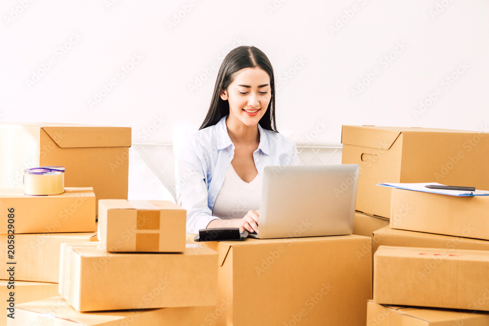 Young woman freelancer working and use laptop computer with cardboard box on bed at home - SME business online and delivery concept Young woman freelancer working and use laptop computer with cardboard box on bed at home - SME business online and delivery concept